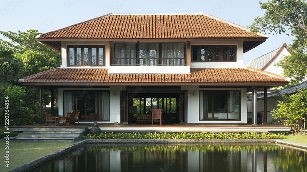 Traditional Thai house in a tropical garden, with a tranquil pond reflecting the architecture Traditional Thai house in a tropical garden, with a tranquil pond reflecting the architecture