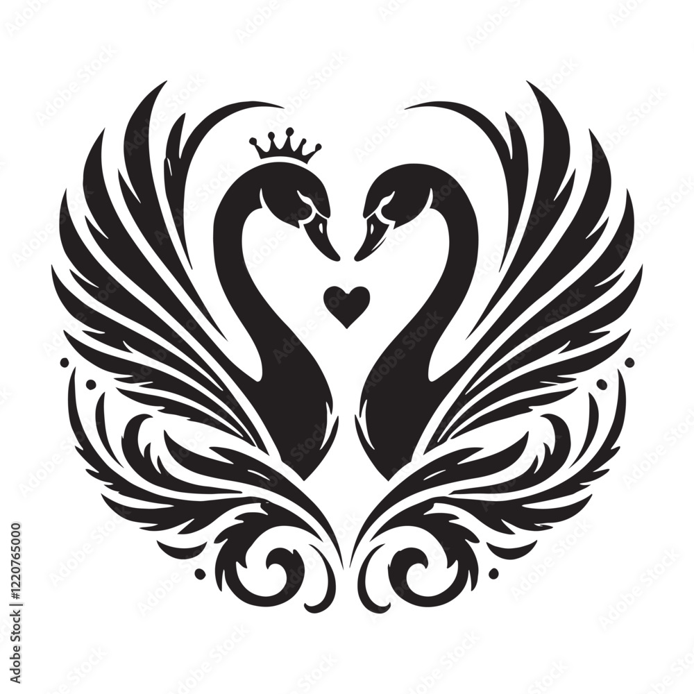 Fototapeta premium Two swans creating a heart shape, symbolizing eternal love - Swans silhouette - Swans vector - Swans illustration - valentine silhouette - love silhouette 