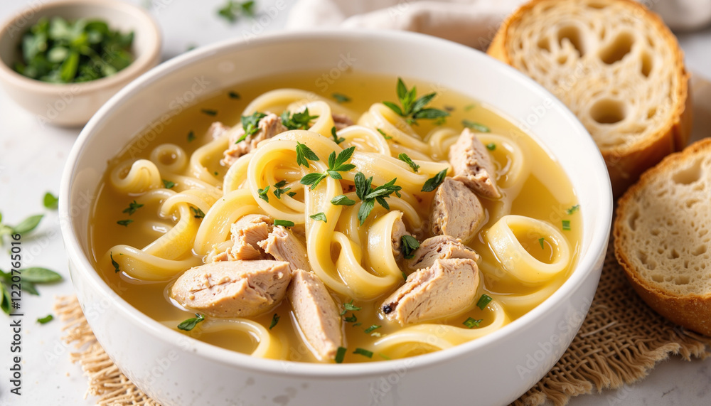 Chicken noodle soup with shredded chicken and herbs, served with crusty bread Chicken noodle soup with shredded chicken and herbs, served with crusty bread