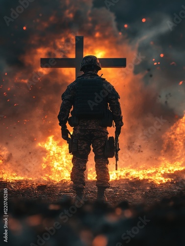 Soldier Standing in Front of a Cross with Fiery Background