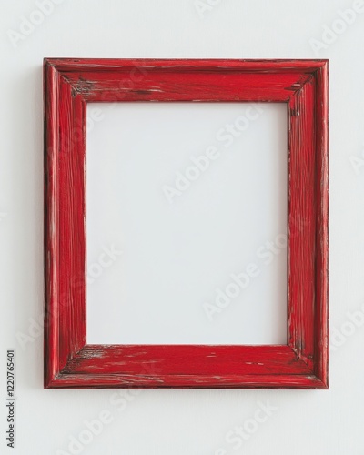 Empty red wooden picture frame against white wall