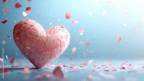 Romantic valentine's day composition with handmade heart and falling petals