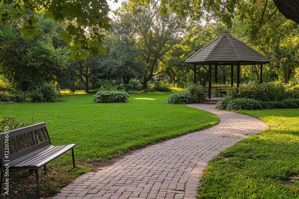 Two benches are in the park with a gazebo in the background Two benches are in the park with a gazebo in the background