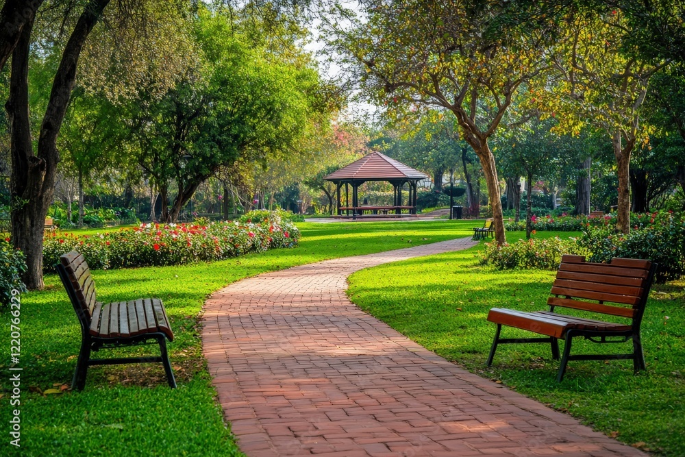 Two benches are in the park with a gazebo in the background Two benches are in the park with a gazebo in the background
