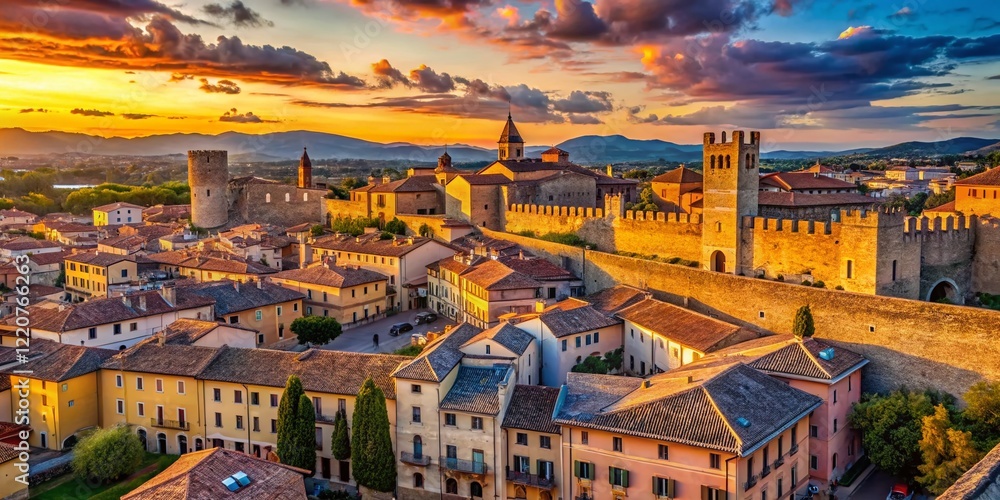 Obraz premium Historic Italian Cityscape: Cittadella's Architectural Gems at Sunset, Veneto Region