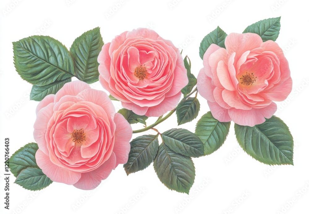 Naklejka premium Three pink roses with green leaves on a crisp white background