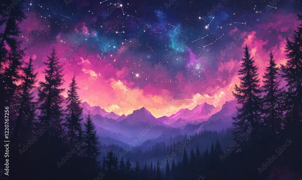 A beautiful galaxy shines in the night sky with tall trees in the foreground A beautiful galaxy shines in the night sky with tall trees in the foreground
