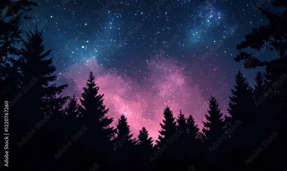 Naklejka premium A beautiful galaxy shines in the night sky with tall trees in the foreground