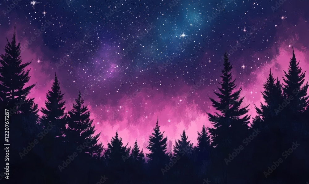 Fototapeta premium A beautiful galaxy shines in the night sky with tall trees in the foreground