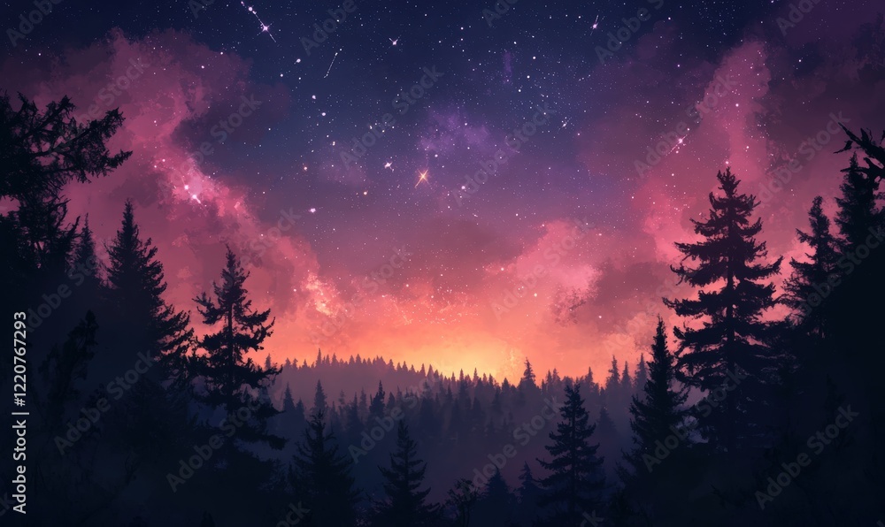 Fototapeta premium A beautiful galaxy shines in the night sky with tall trees in the foreground