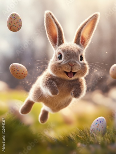 Running happy Easter bunny with eggs flying everywhere. Easter bunny with easter eggs, Easter day concept generative AI photo