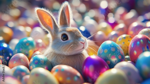 Happy Easter bunny with many colorful easter eggs. Generative AI. photo