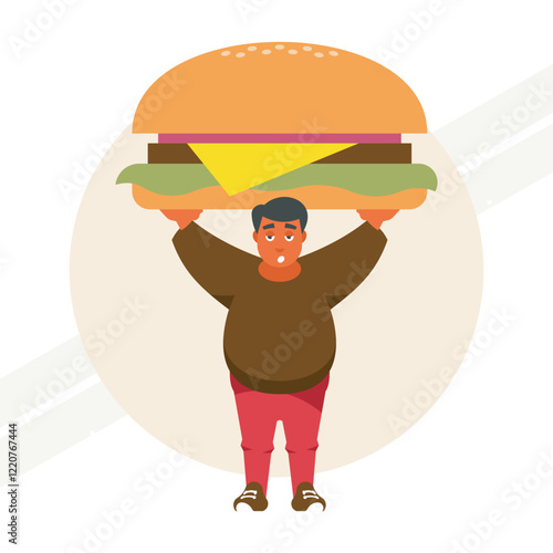 A man carrying a big hamburger representing food and indulgence