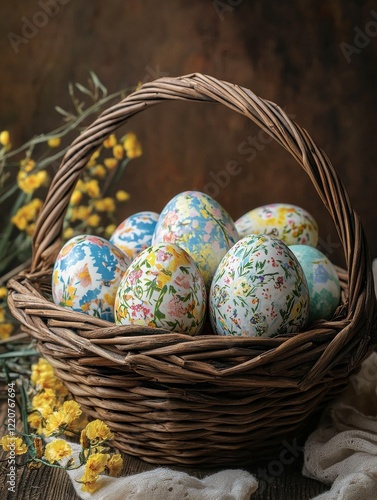 painted eggs in basketeaster copy space Generative AI photo