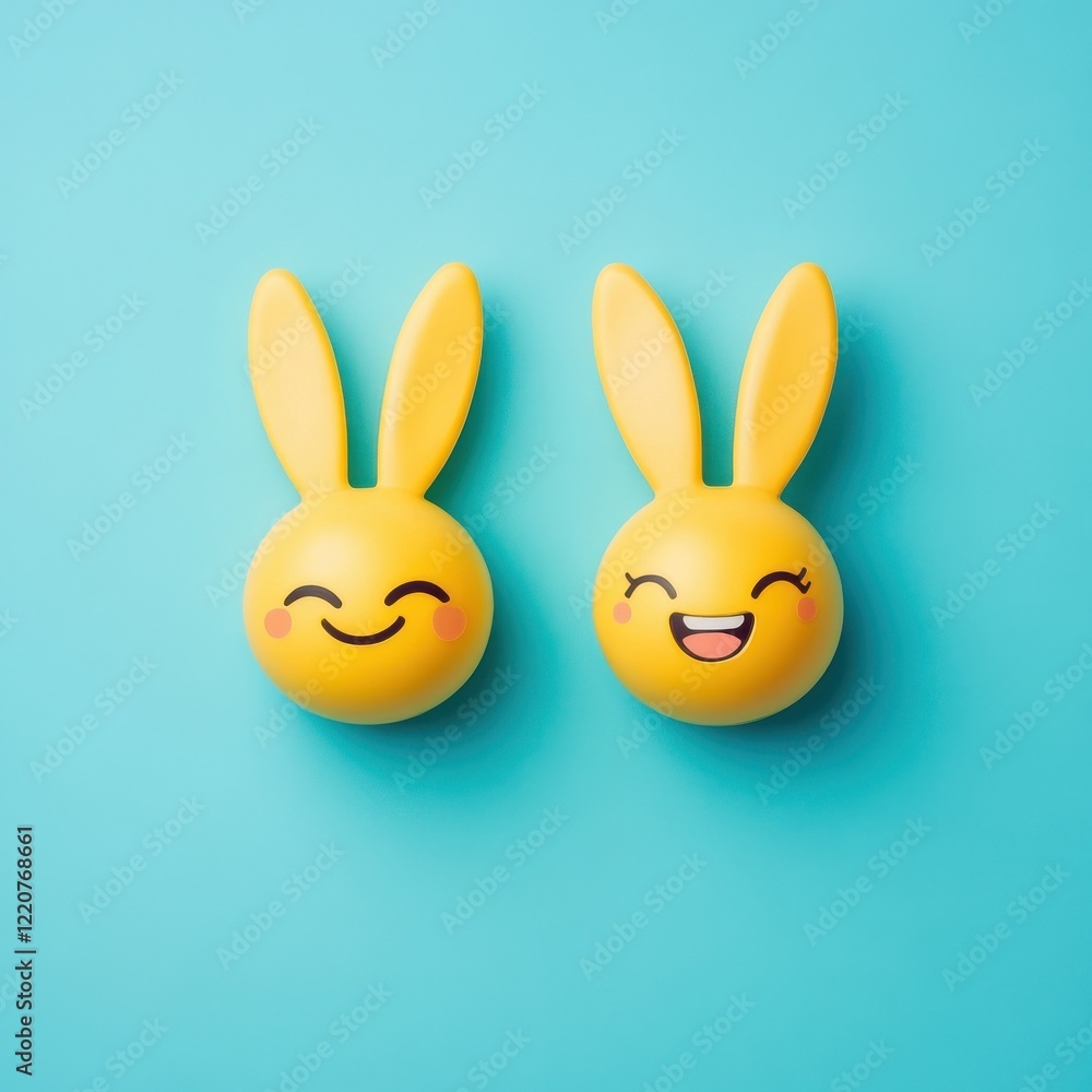 Obraz premium Two cute happy yellow Easter emojis with bunny ears on pastel turquoise background and copy space.