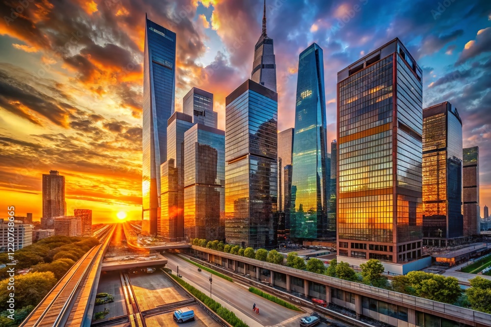 Fototapeta premium Hudson Yards Sunset: Modern Skyscrapers & City Lights at Dusk