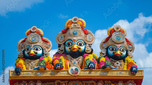 Shree Jagannath Festival, statues of deities Jagannath, Balabhadra, and Subhadra placed on a beautifully decorated chariot, background of blue sky. photo