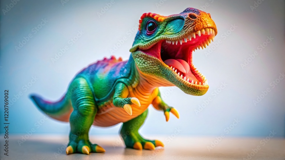 Obraz premium Hungry Toy Dinosaur: Playful Prehistoric Snack Time Stock Photo