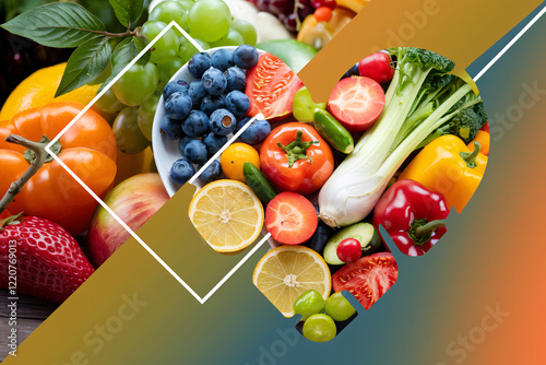 Fototapeta Naklejka Na Ścianę i Meble -  A Fresh Food Collage. A vibrant collage of fresh fruits and vegetables displayed in a heart shape and a square. Featuring strawberries, blueberries, grapes, peppers, broccoli, and citrus fruits.