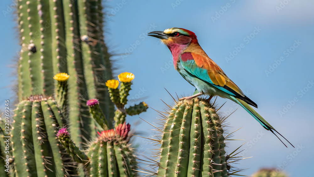 Obraz premium A vivid and colorful bird perched gracefully on a tall cactus, set against a clear blue sky