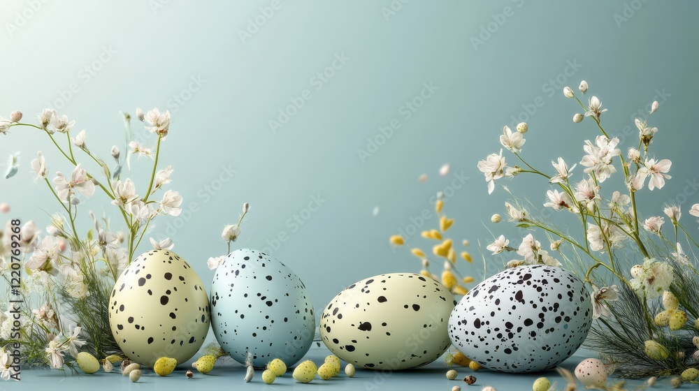 Fototapeta premium happy easter greeting with decorative eggs and spring foliage