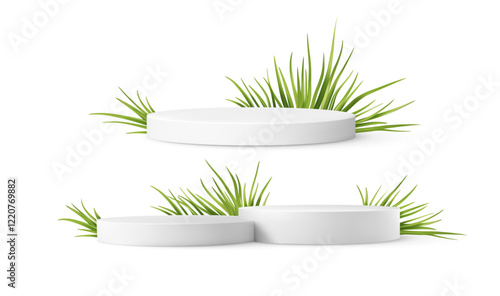 Product Podium Display Stands with Green Fresh Grass Plant Isolated on the White Background