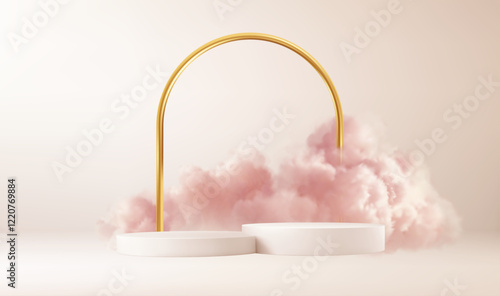 Modern Geometric Display Stand with Soft Pink Cloud and Golden Arch. Stylish minimalist display with a geometric stand, golden arch, and pink cloud background. Vector illustration