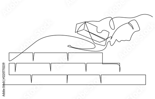 Bricklaying, building, building walls, worker in uniform lays bricks one line art, One continuous line. Bricklayer at a construction site. Home construction.Builder with a tool in his hands.