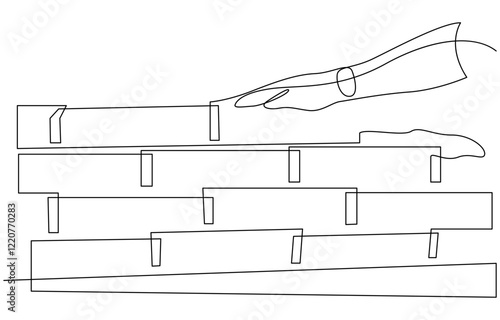 Bricklaying, building, building walls, worker in uniform lays bricks one line art, One continuous line. Bricklayer at a construction site. Home construction.Builder with a tool in his hands.