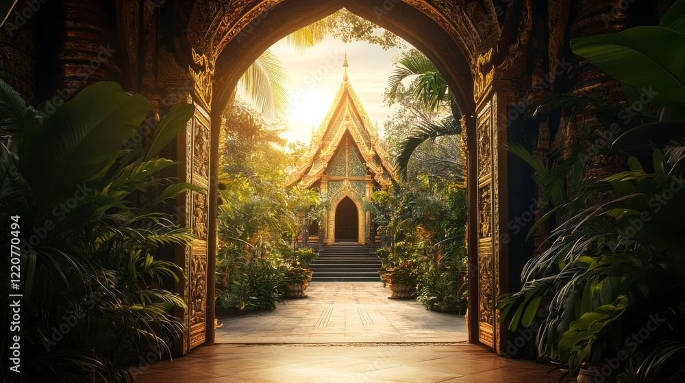 Fototapeta premium Vibrant Temple Courtyard with Cultural Architecture