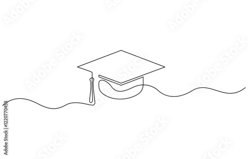 One continuous line drawing of graduation cap, hand drawn line art vector illustration. Continuous cap one line art drawing of graduation hat concept outline vector.