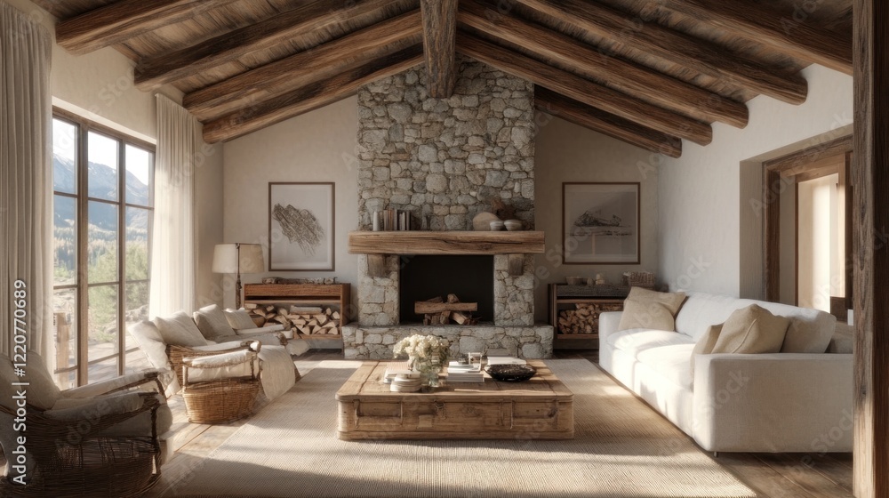 Rustic Living Room with Stone Fireplace and Mountain View Through Large Windows Rustic Living Room with Stone Fireplace and Mountain View Through Large Windows