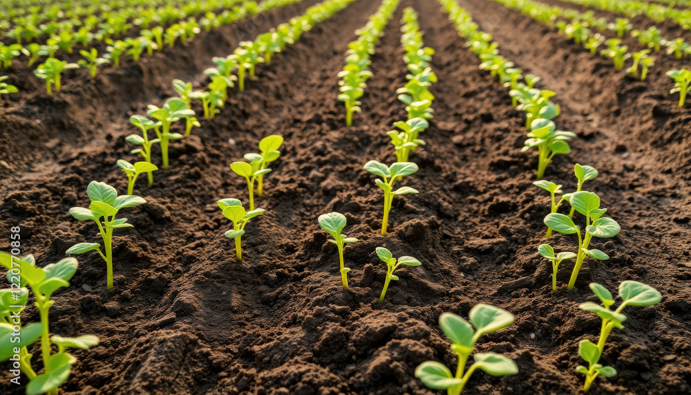 Close-up of tender green seedlings in a sunlit agricultural field, showcasing growth and the promise of a healthy harvest. Close-up of tender green seedlings in a sunlit agricultural field, showcasing growth and the promise of a healthy harvest.