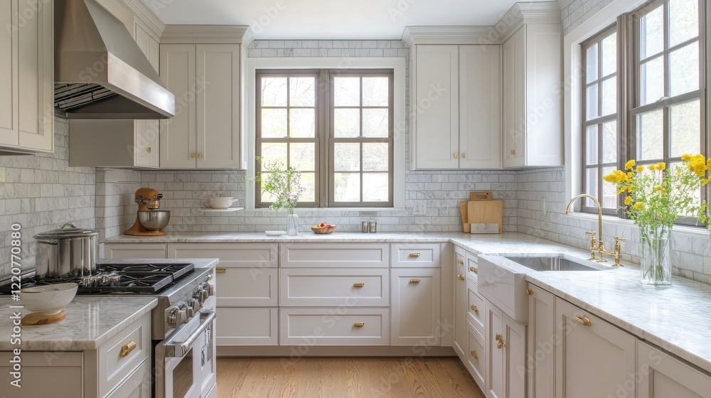 Minimalist kitchen with white cabinets and marble countertops Minimalist kitchen with white cabinets and marble countertops