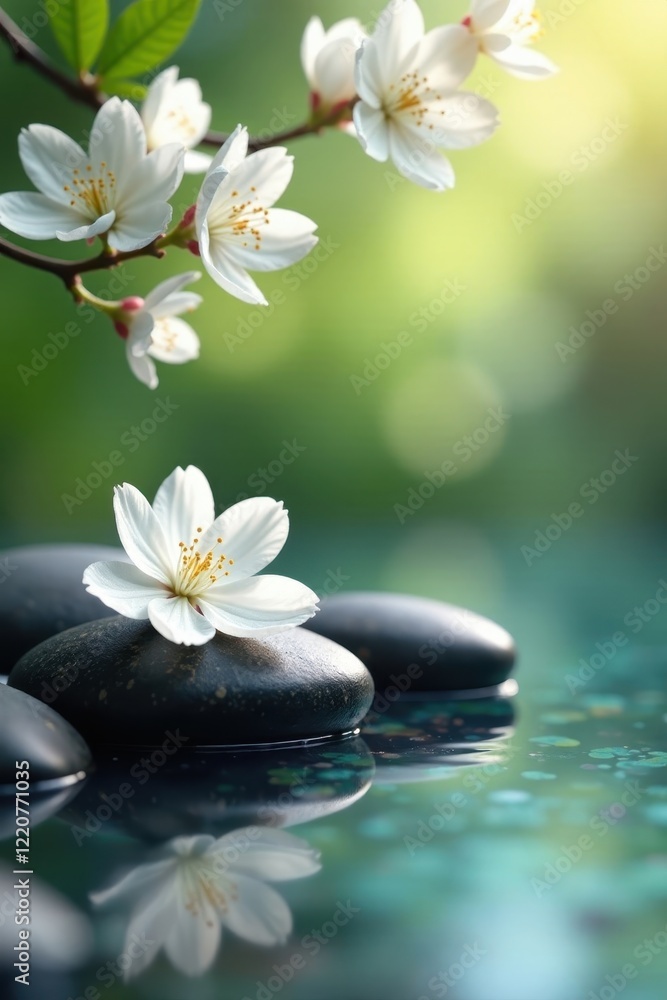 White blossoms, smooth stones, essential oils, tranquil spa setting, wellness, minimal White blossoms, smooth stones, essential oils, tranquil spa setting, wellness, minimal