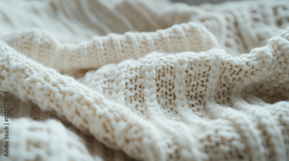 Close-up of a textured cream-colored knitted blanket draped elegantly on a soft surface Close-up of a textured cream-colored knitted blanket draped elegantly on a soft surface