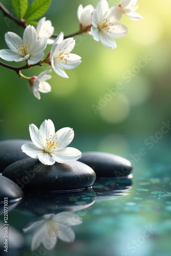 White blossoms, smooth stones, essential oils, tranquil spa setting, wellness, minimal