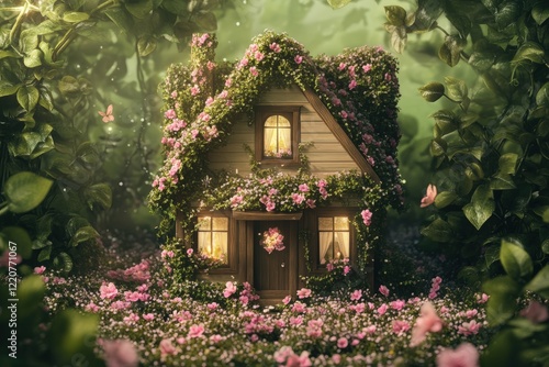 Enchanting fairy tale cottage in a lush garden with blooming flowers and glowing windows photo