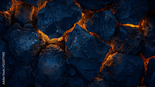 A close-up view of dark volcanic rocks with glowing cracks.