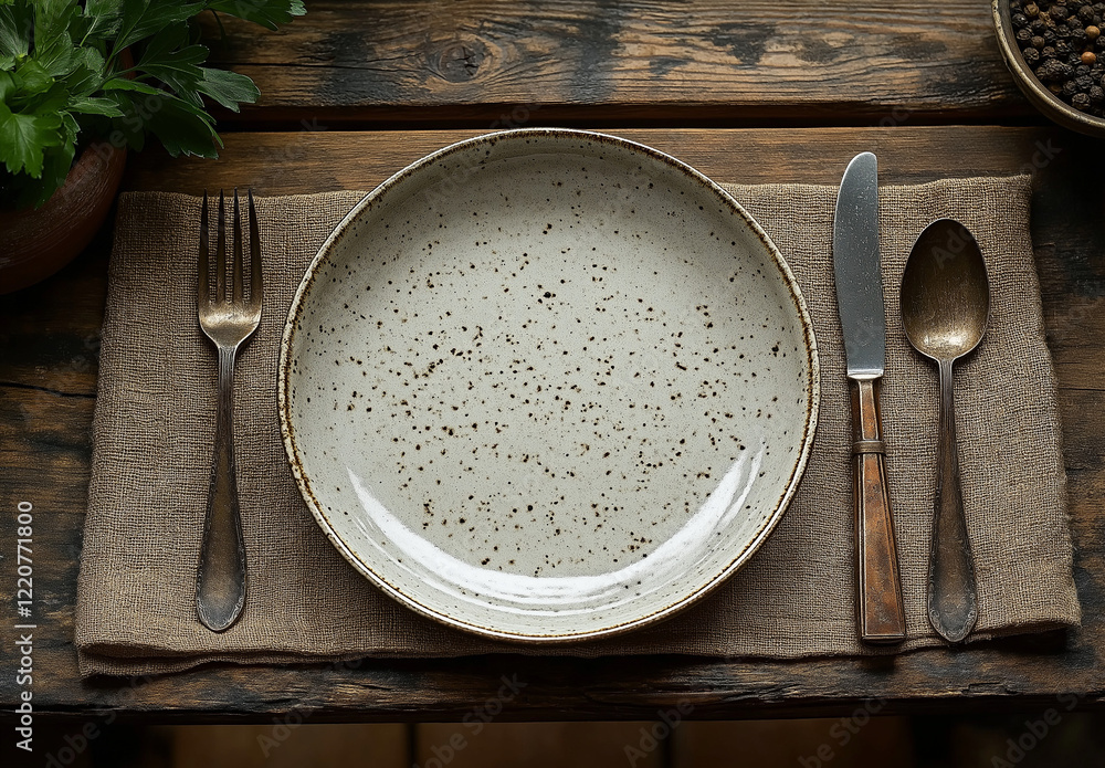Rustic Table Setting: A minimalist still life of a rustic wooden table, featuring a large ceramic plate with a speckled glaze, set with a fork, knife, and spoon. Rustic Table Setting: A minimalist still life of a rustic wooden table, featuring a large ceramic plate with a speckled glaze, set with a fork, knife, and spoon.