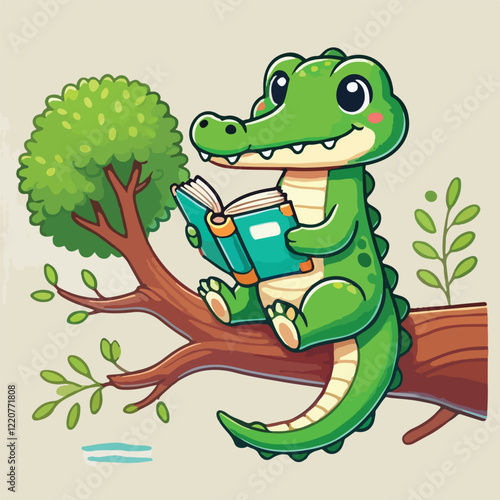 Cute Crocodile Reading Book On Branch Tree Cartoon Vector Icon Illustration