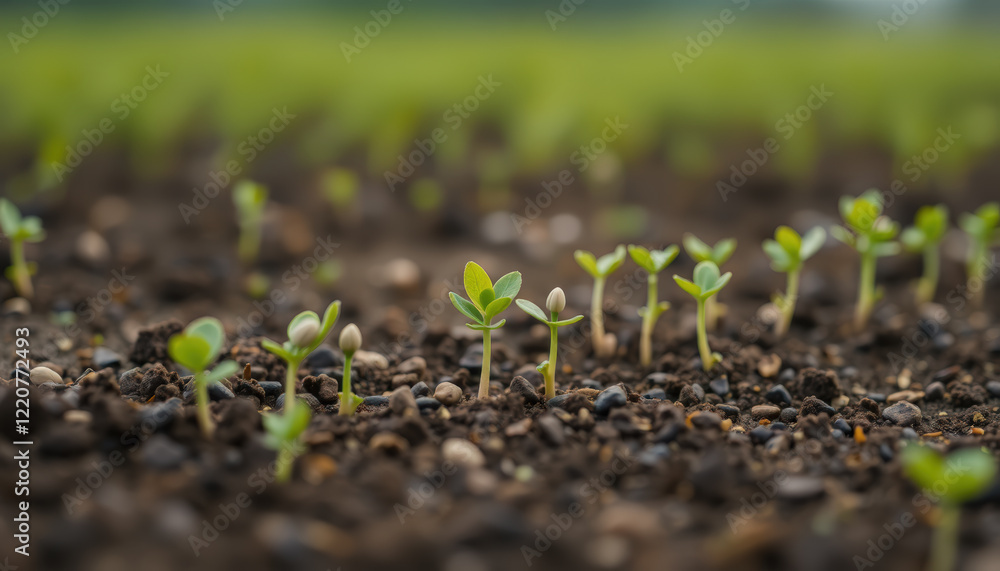 Close-up of tiny green sprouts emerging from dark, fertile soil, representing the start of plant growth and farming. Close-up of tiny green sprouts emerging from dark, fertile soil, representing the start of plant growth and farming.