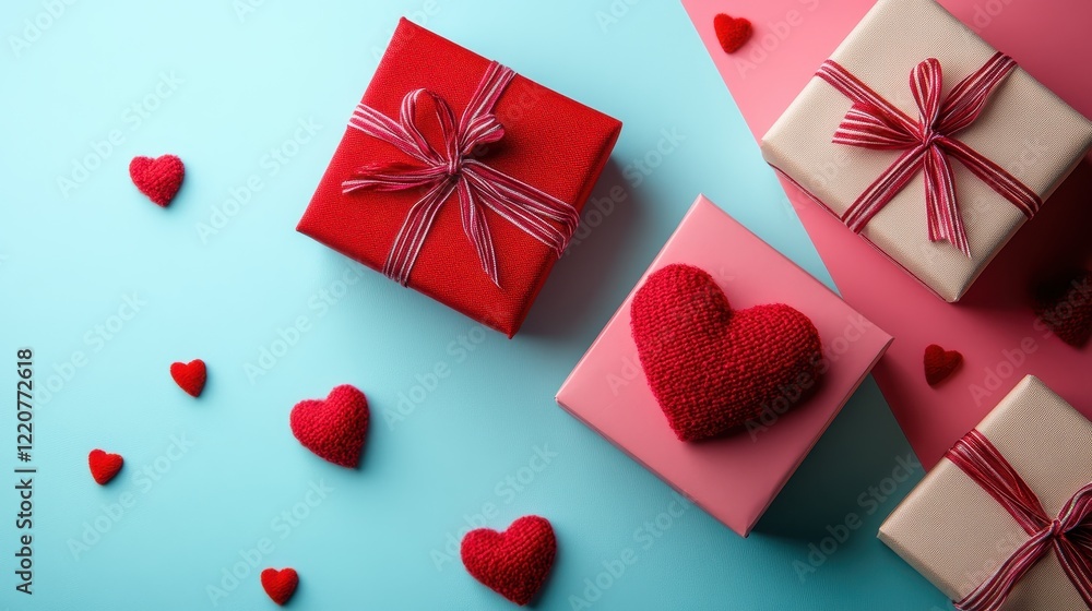Top view of gift boxes and red textile hearts for valentine's day celebration Top view of gift boxes and red textile hearts for valentine's day celebration