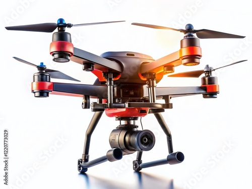 Insulated Quadcopter Drone with Camera, White Background, Right Composition, Copy Space photo