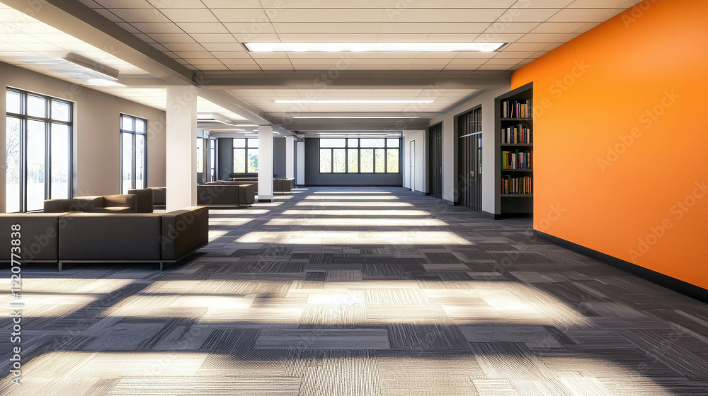 Obraz premium Spacious Open Office Floor with Modern Design and Clusters of Desks for Collaborative Workspaces