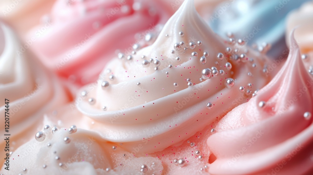 Close-up of colorful meringue swirls with shimmering sugar pearls on a soft pastel background Close-up of colorful meringue swirls with shimmering sugar pearls on a soft pastel background