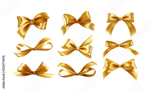  Ribbons and Bows Set on White Background. A set of  golden ribbon bows in various styles, perfect for decorating gifts, events, and celebrations.