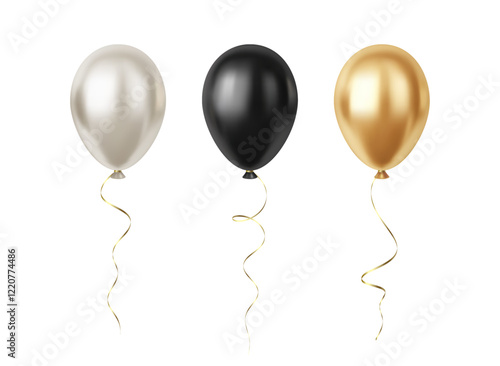 Set of Realistic 3D Silver Gold Black Party Event Balloons Isolated on White Background
