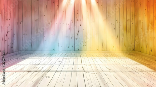 A colorful wooden room with light beams, ideal for creative projects or events.