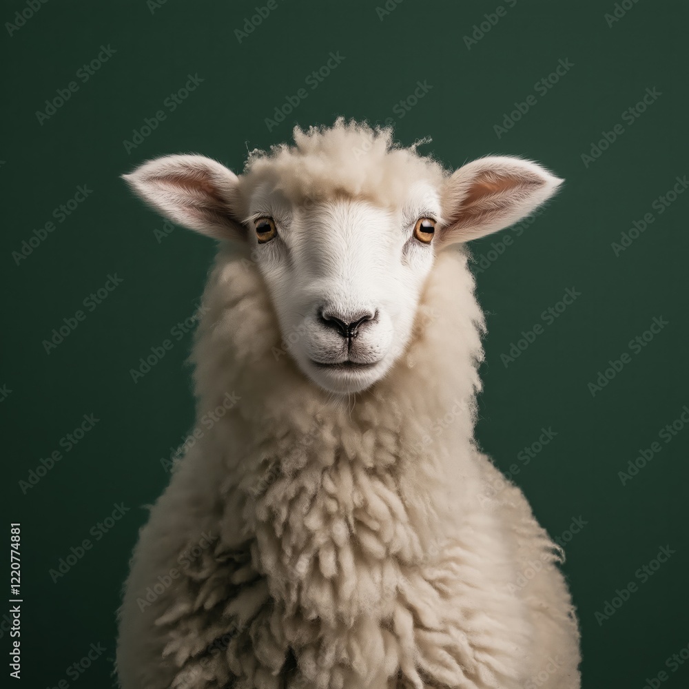 Fototapeta premium A fluffy white sheep with a tiny face isolated on a dark green background